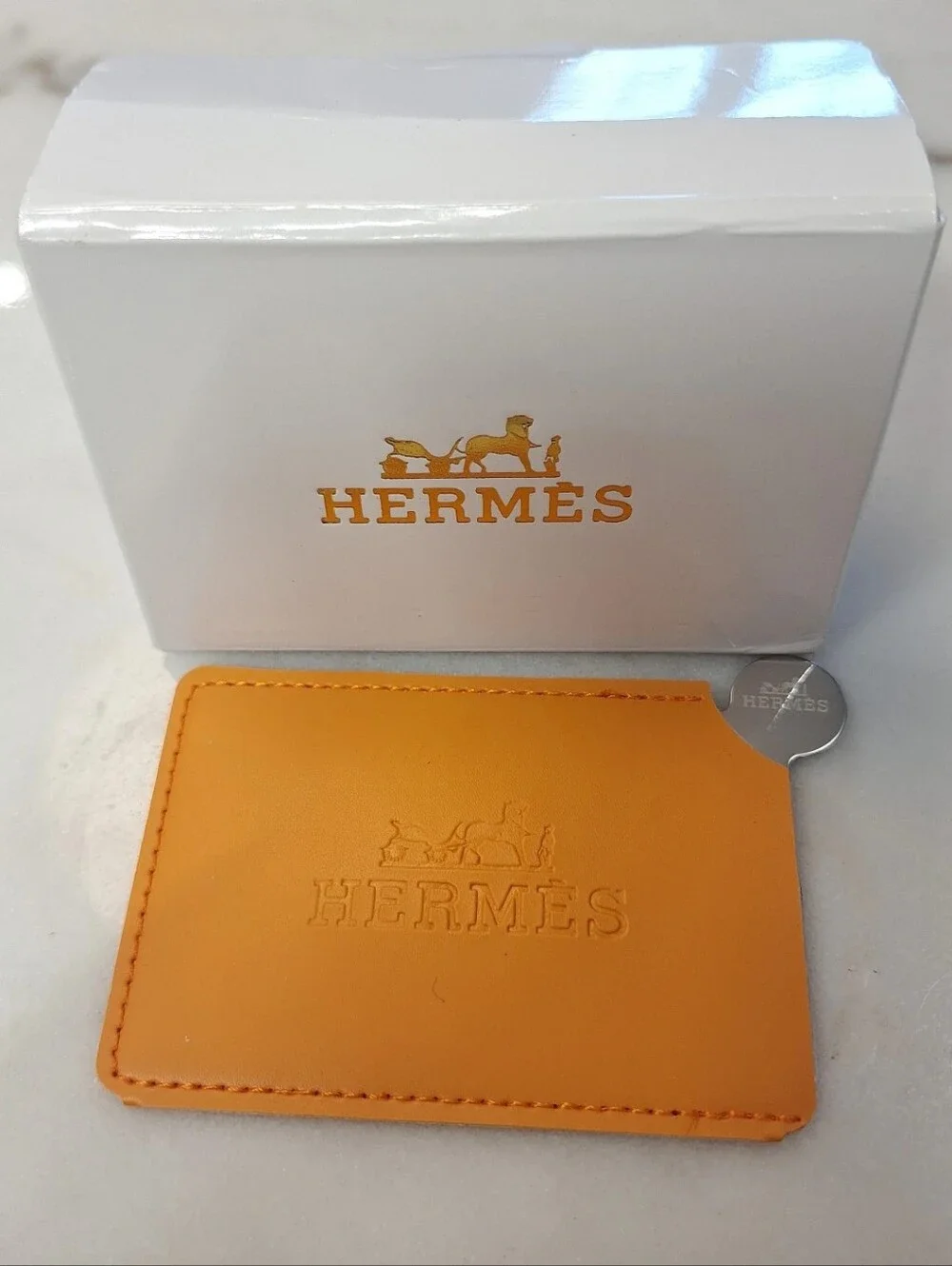 Hermes Orange Leather Card Holder & Mirror NWOT